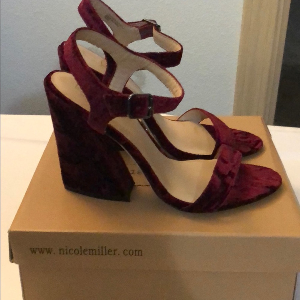 Red velvet chunky heels